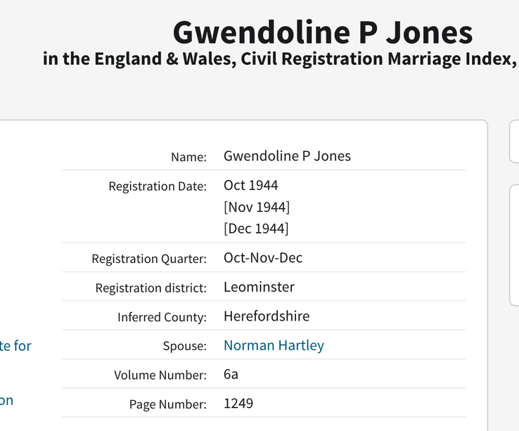 Marriage 1944 Gwendoline P Jones to Norman Hartley