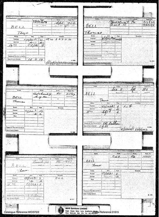 Military 1914 Thomas Bell Medal Card only Top Left from National Archives