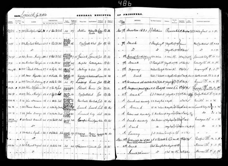 Prison 1896 Daniel Brassil of Corofin in jail in Limerick for Drunk and disorderly