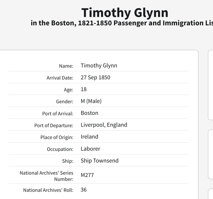 Travel 1850 Timothy Glynn Liverpool to Boston USA