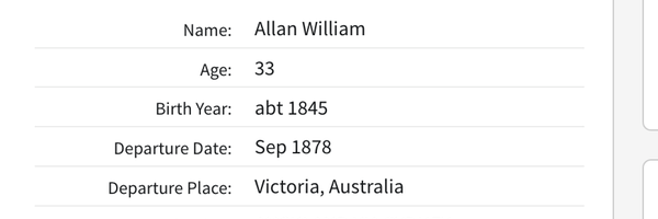 Travel 1878 Allan William to NZ