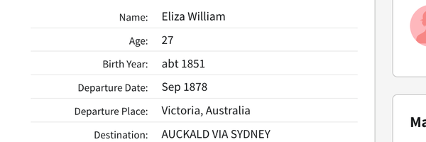 Travel 1878 Eliza William wife of Allan Williams from Monkland