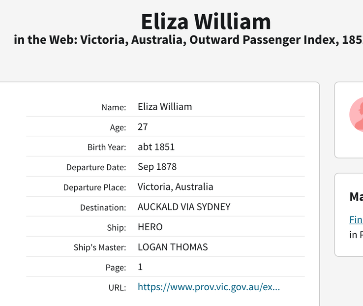 Travel 1878 Eliza William wife of Allan Williams from Monkland