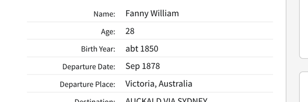 Travel 1878 Fanny William to NZ sister of Allan Williams from Monkland