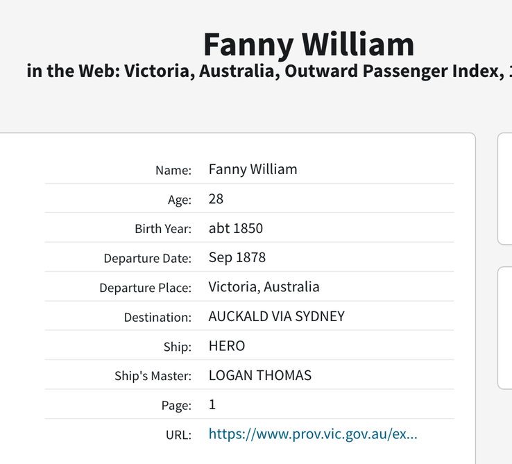 Travel 1878 Fanny William to NZ sister of Allan Williams from Monkland