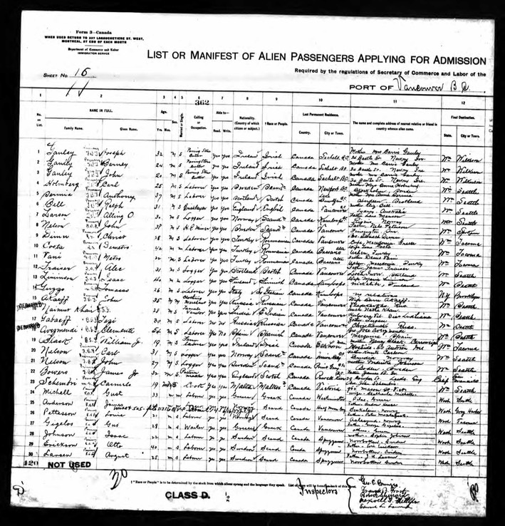 Travel Immigration 1913 Ralph Bell Vancouver to Seattle -note mother elizabeth in Sydney!!