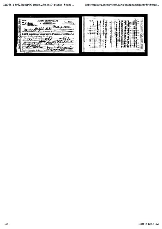 Travel Immigration 1919 Ralph Bell ON FEB 7th 1919 from VANCOUVER TO Seattle USA