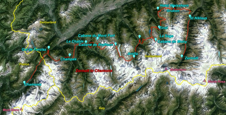 Google Earth DETAILED Zermatt to Chamonix 