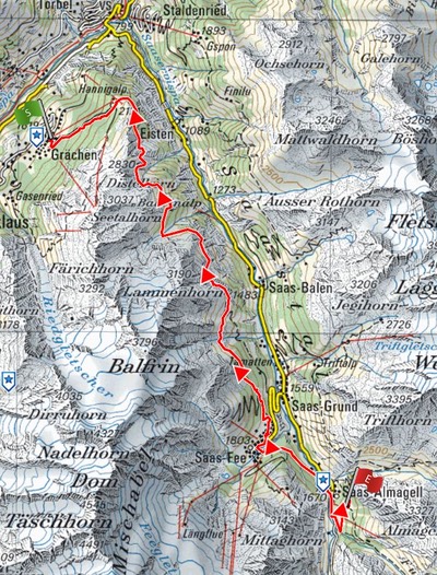 Route Map Grachen to Furggstalden